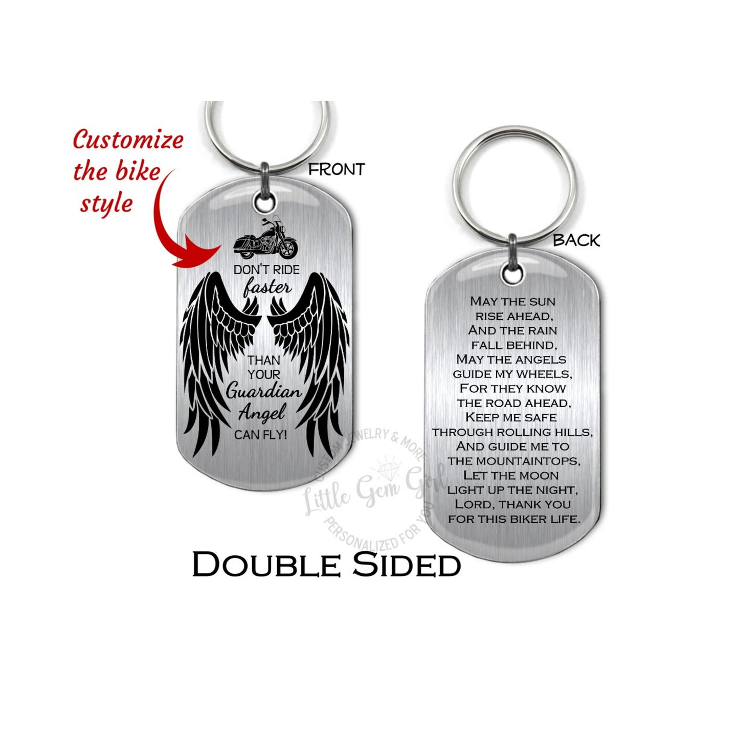 Biker Prayer for Motorcycle Riders Double Sided Dog Tag - Guardian Angel Key Chain or Necklace - Safe Driving Keepsake Unisex