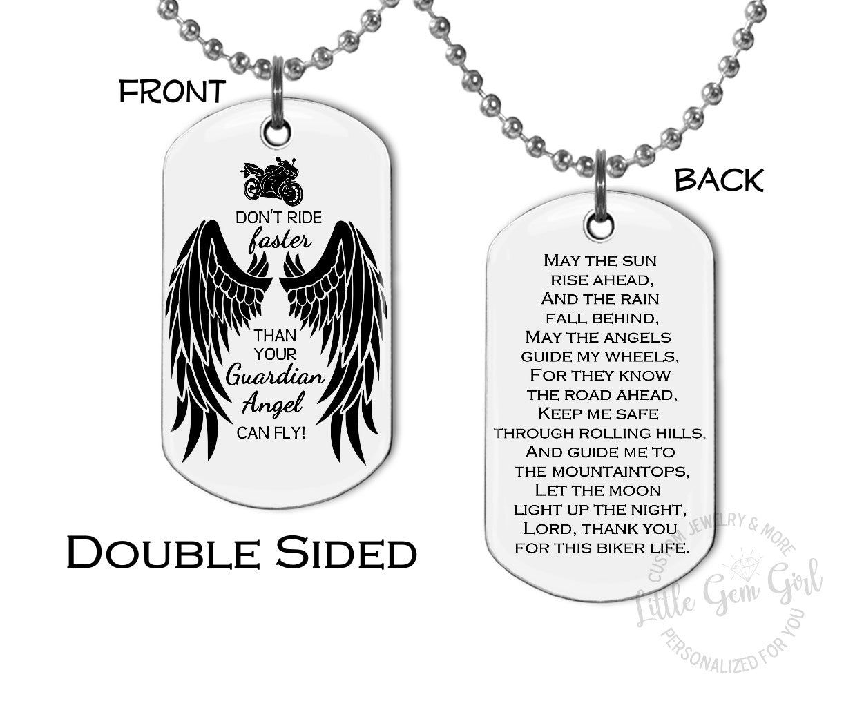 Biker Prayer for Motorcycle Riders Double Sided Dog Tag Guardian Ang Little Gem Girl