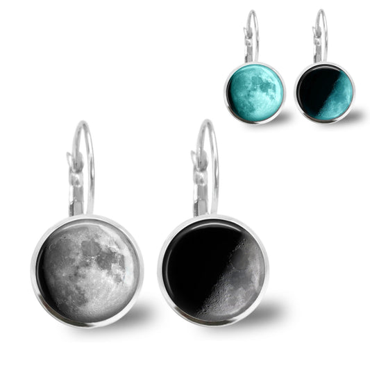 Custom Lunar Phase Birth Moon Earrings - Glow in the Dark Zodiac Dangle or Stud - Six Settings Colors Available