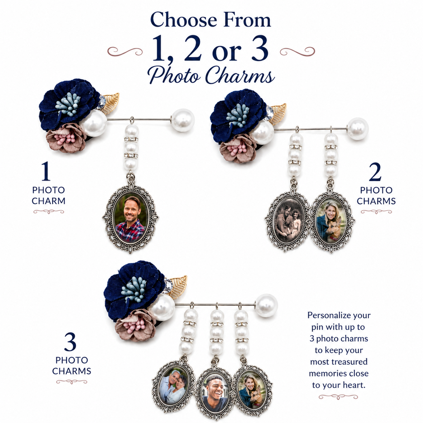 Personalized Memorial Photo Pin – Custom Wedding Bouquet Remembrance Brooch with 1, 2 or 3 Oval Charms