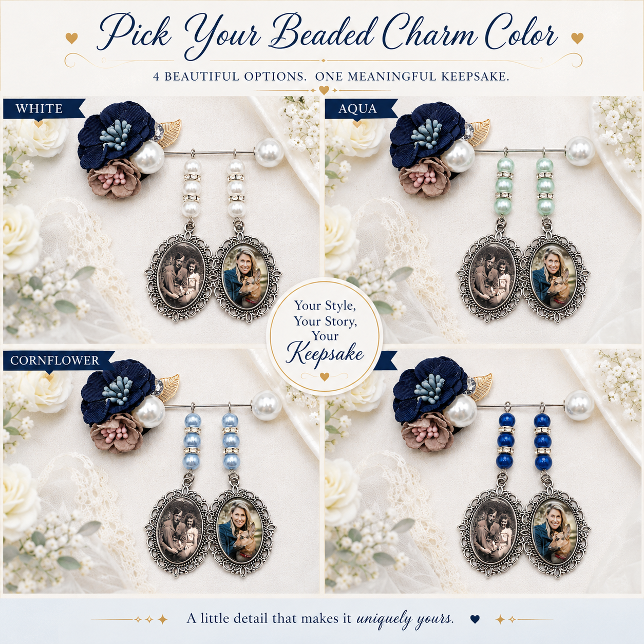 Personalized Memorial Photo Pin – Custom Wedding Bouquet Remembrance Brooch with 1, 2 or 3 Oval Charms