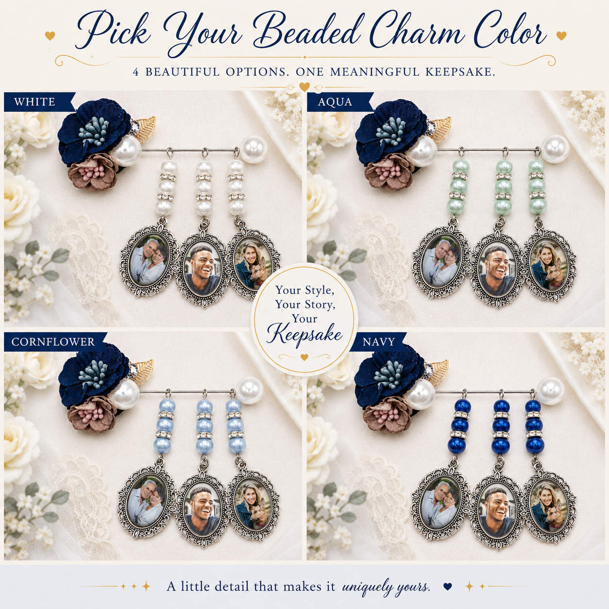 Personalized Memorial Photo Pin – Custom Wedding Bouquet Remembrance Brooch with 1, 2 or 3 Oval Charms