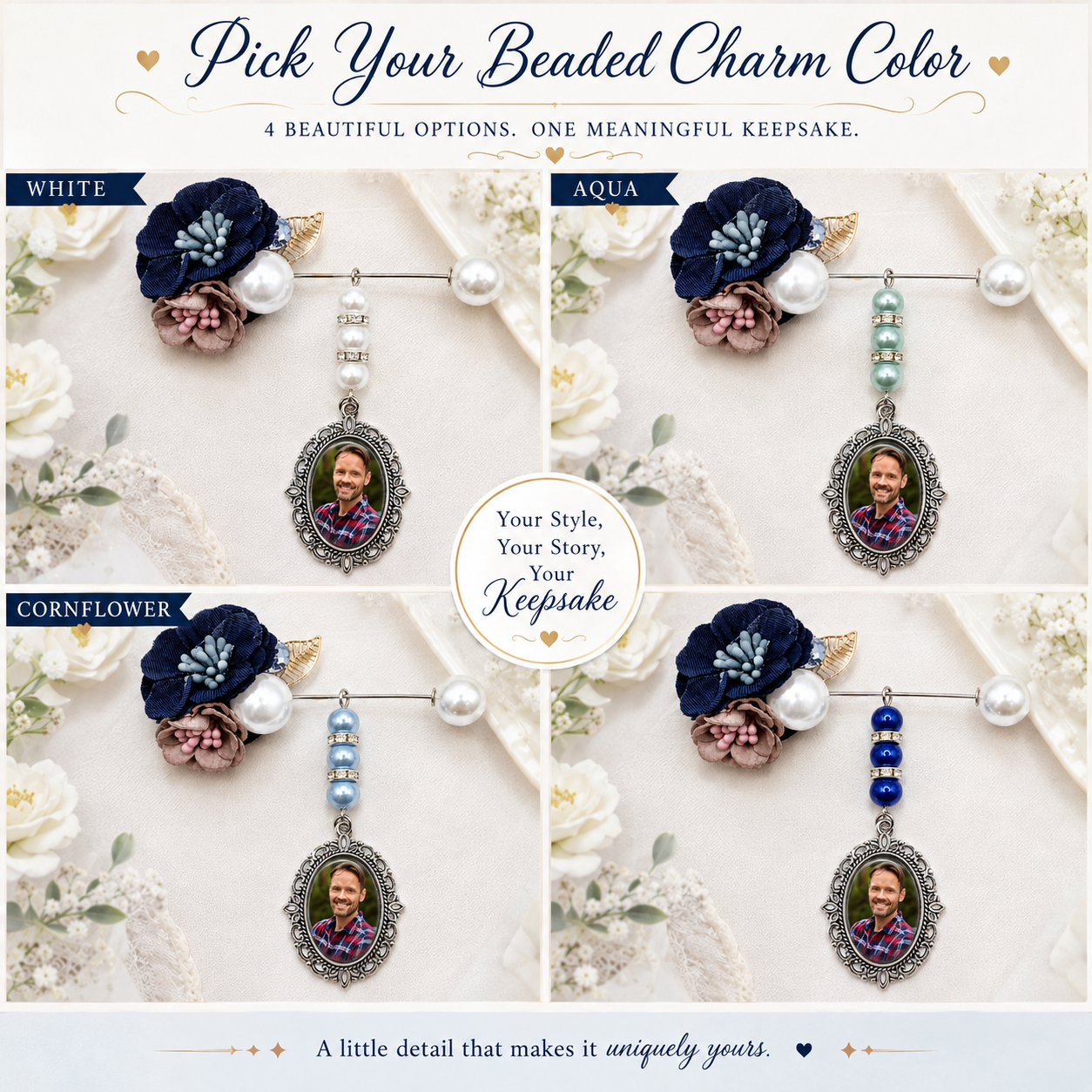Personalized Memorial Photo Pin – Custom Wedding Bouquet Remembrance Brooch with 1, 2 or 3 Oval Charms