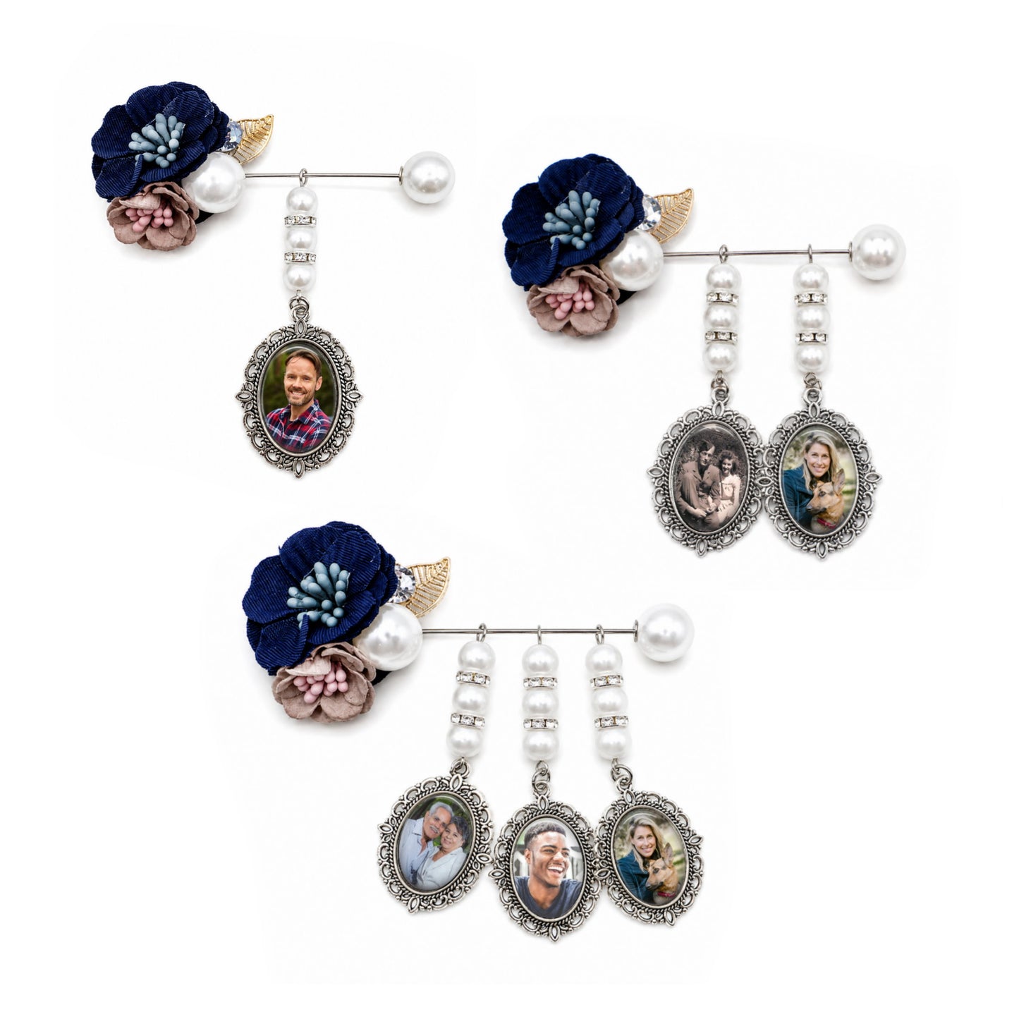 Personalized Memorial Photo Pin – Custom Wedding Bouquet Remembrance Brooch with 1, 2 or 3 Oval Charms