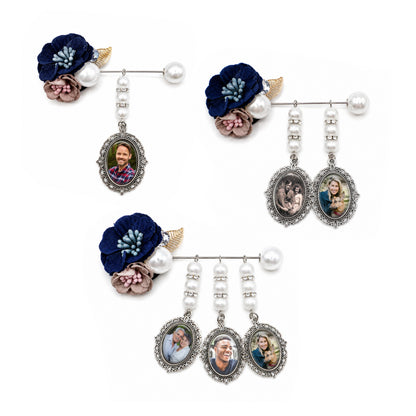 Personalized Memorial Photo Pin – Custom Wedding Bouquet Remembrance Brooch with 1, 2 or 3 Oval Charms