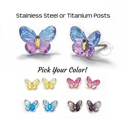 Tiny Butterfly Resin Stud Earrings (8×10mm) – Jewel Tone Rainbow Butterflies, Titanium or Stainless Steel Hypoallergenic Posts