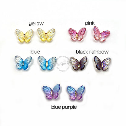 Tiny Butterfly Resin Stud Earrings (8×10mm) – Jewel Tone Rainbow Butterflies, Titanium or Stainless Steel Hypoallergenic Posts
