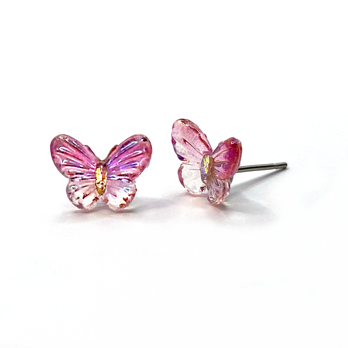 Tiny Butterfly Resin Stud Earrings (8×10mm) – Jewel Tone Rainbow Butterflies, Titanium or Stainless Steel Hypoallergenic Posts