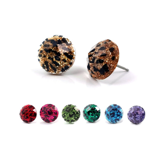 Cheetah Earrings Available in 3 Sizes and 7 Colors - Glitter Stud Hypoallergenic Earrings - Animal Print Leopard - Titanium or Stainless Steel for Sensitive Ears