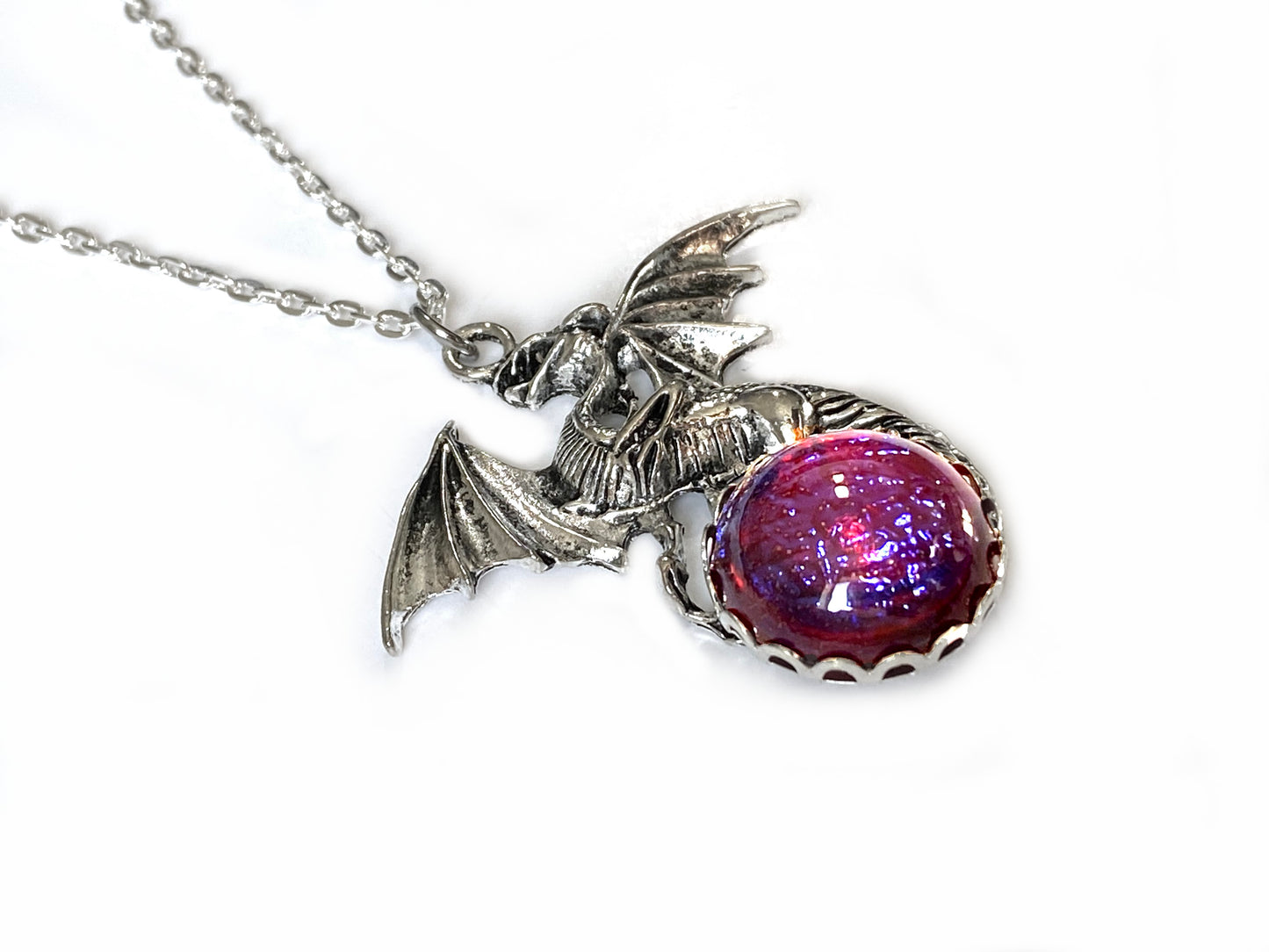 Dragon’s Breath Mexican Opal Necklace – Czech Glass Gothic Dragon Pendant – Fantasy Cosplay Jewelry Gift for Her