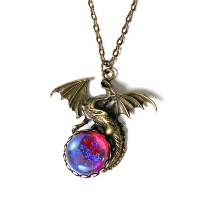 Dragon’s Breath Mexican Opal Necklace – Czech Glass Gothic Dragon Pendant – Fantasy Cosplay Jewelry Gift for Her