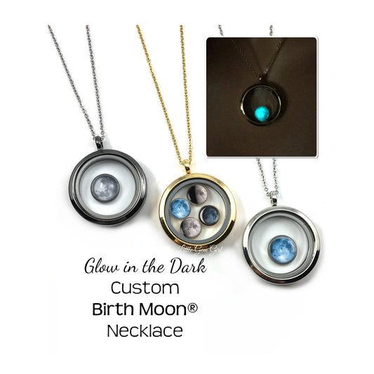 Custom Birth Moon Floating Locket Necklace with Glow in the Dark Moons - 1 to 4 Moon Phase Charms - Glowing Birthday Moon Jewelry - Stainless Steel Option
