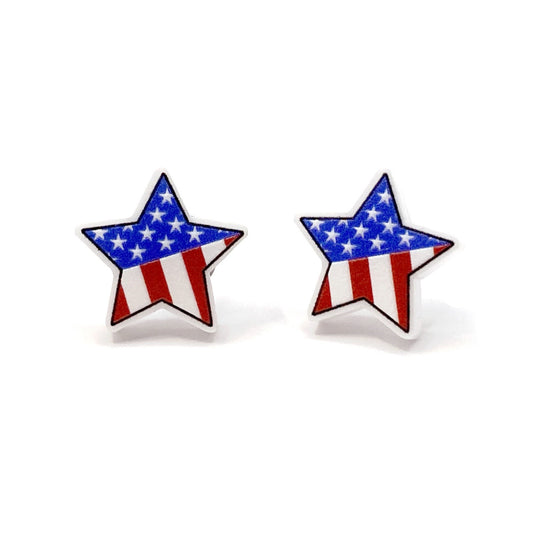 Patriotic Star Flag Earrings – 4th of July Studs with Titanium or Stainless Steel Posts