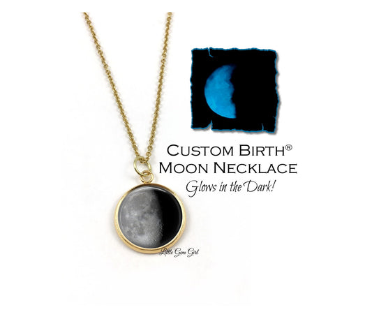 Gold Stainless Steel Custom Birth Moon Necklace that Glows in the Dark - Personalized Birthday Moon Phase Jewelry