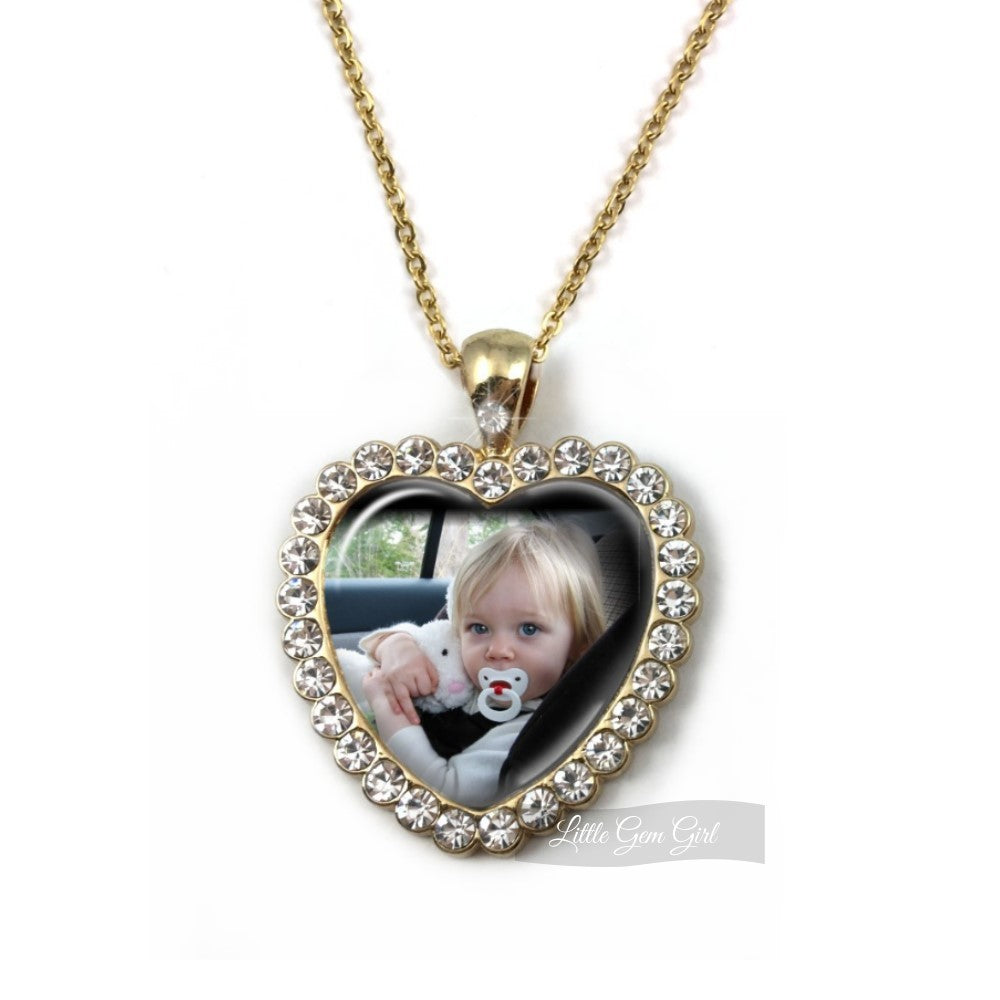 Rhinestone Heart Necklace with Your Custom Photo - Available in  Silver or Gold