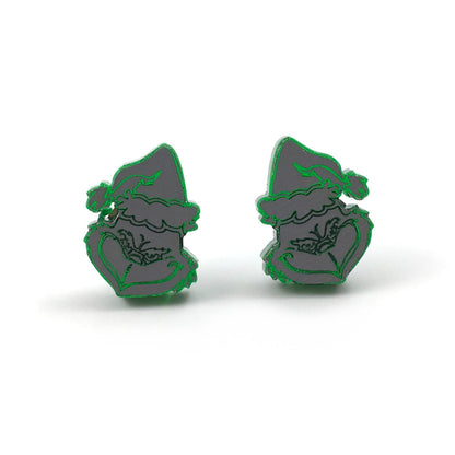 Grinchy Christmas Earrings - Funny Holiday Jewelry - Stud Earrings in Titanium or Stainless Steel for sensitive ears