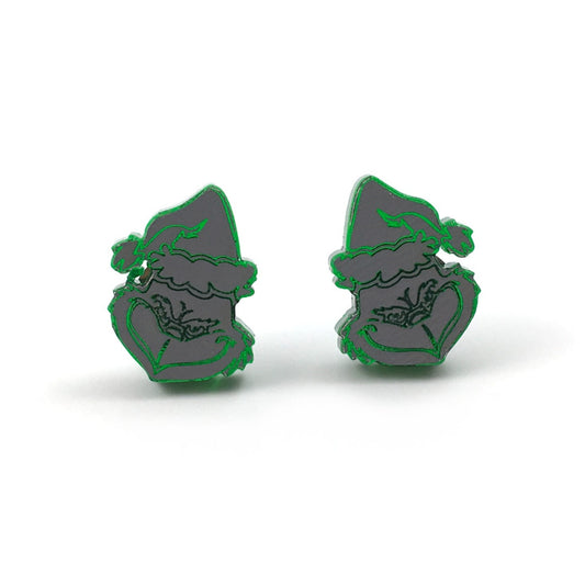 Grinchy Christmas Earrings - Funny Holiday Jewelry - Stud Earrings in Titanium or Stainless Steel for sensitive ears