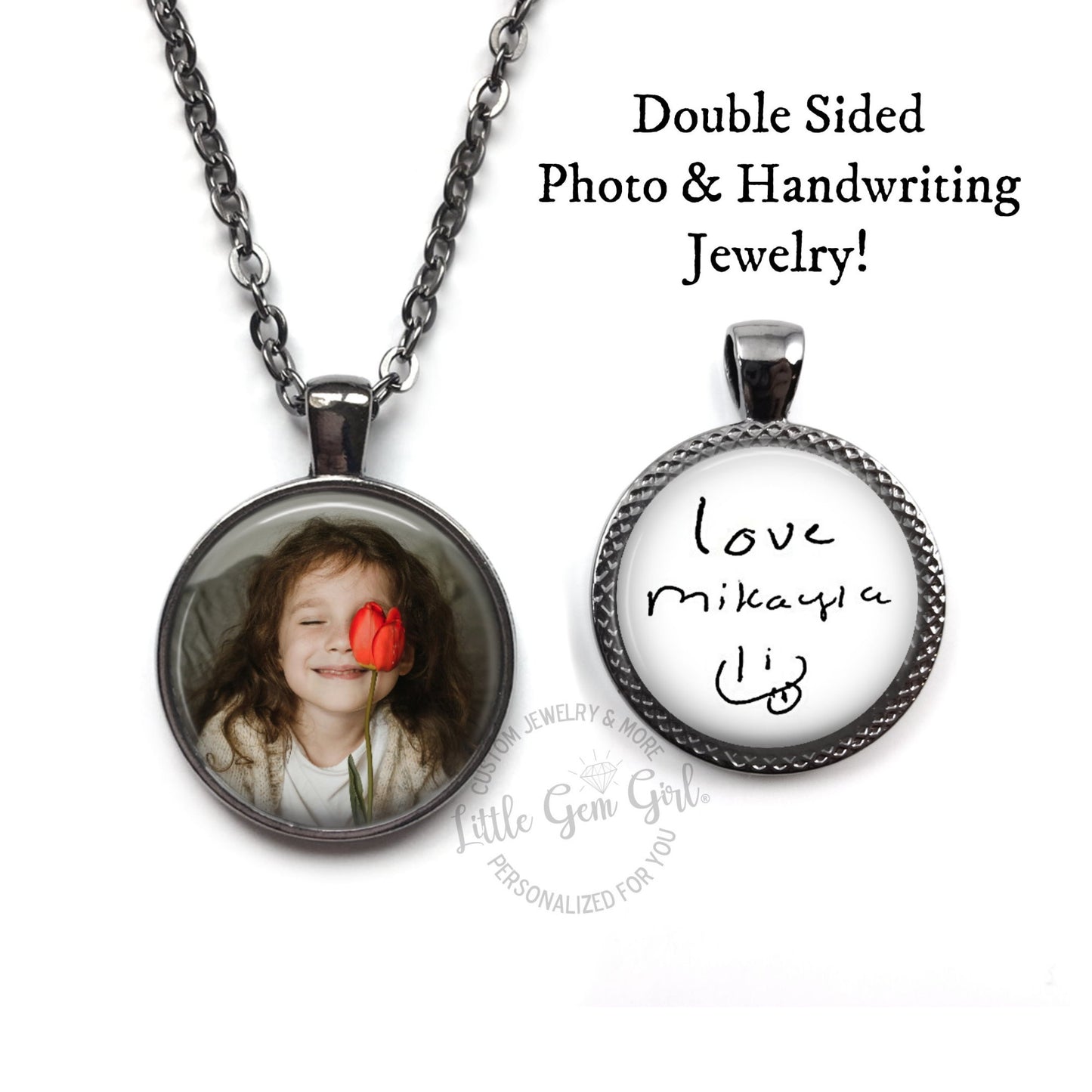 Personalized Custom Photo and Handwriting Double Sided Keychain or Necklace Pendant - Loved Ones Signature Handwritten Message