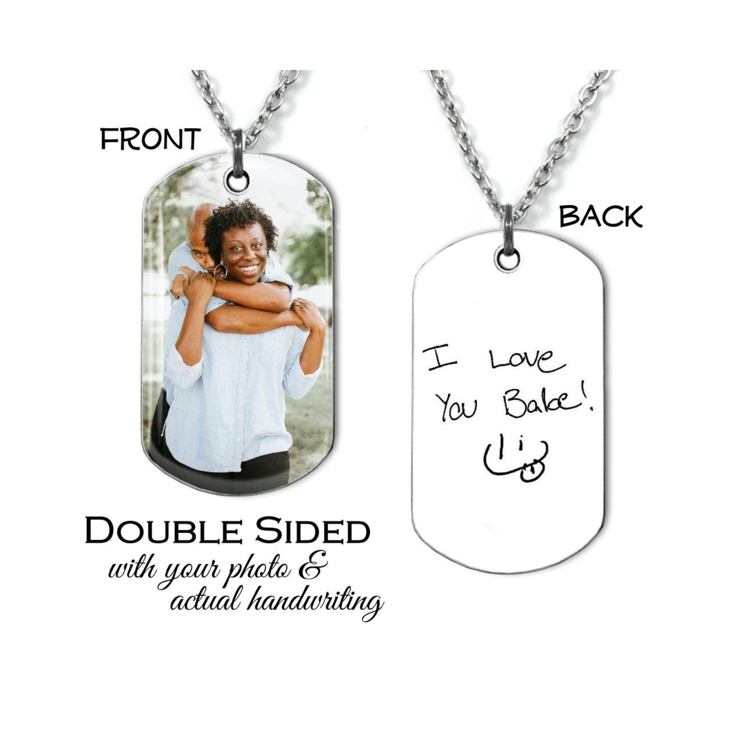 Double Sided Military Dog Tag with Personalized Handwriting and Custom Photo - Available as Necklace or Keychain