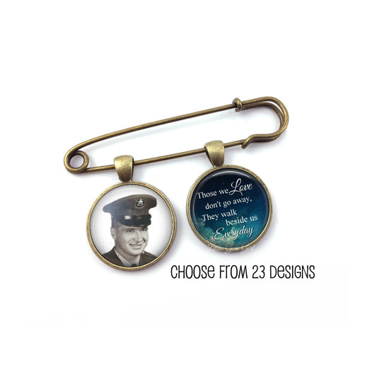 Custom Photo Memorial Lapel Pin with 2 Charms Silver or Bronze Wedding Picture Boutonniere - Those we love don't go away