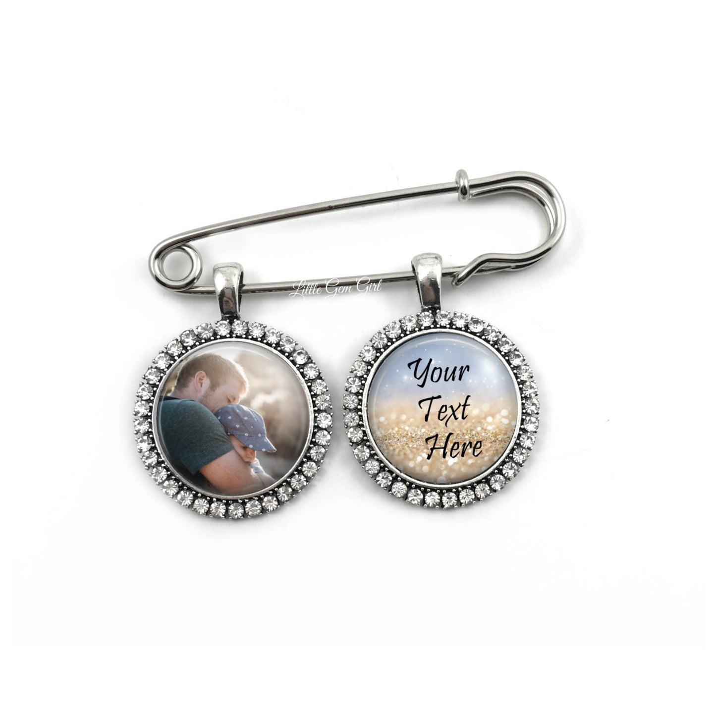 Custom Photo Rhinestone Lapel Pin Charms with Your Custom Text - 2 Charm Rhinestone Available in Four Colors - Wedding Boutonniere Photo Pendant