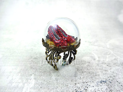 The Wonderful Wizard of Oz Ruby Red Slippers Ring - Yellow Brick Road Glass Dome Ring Available in Silver or Bronze