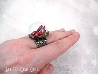 The Wonderful Wizard of Oz Ruby Red Slippers Ring - Yellow Brick Road Glass Dome Ring Available in Silver or Bronze