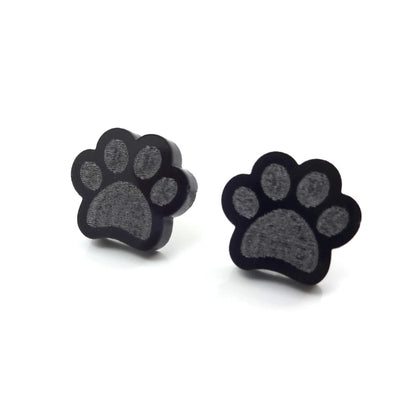 Paw Print Earrings Available with Titanium or Stainless Steel Post - Animals, Dog, Cat Black Pawprint Stud Earrings