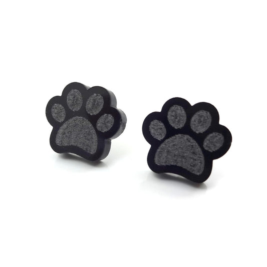 Paw Print Earrings Available with Titanium or Stainless Steel Post - Animals, Dog, Cat Black Pawprint Stud Earrings