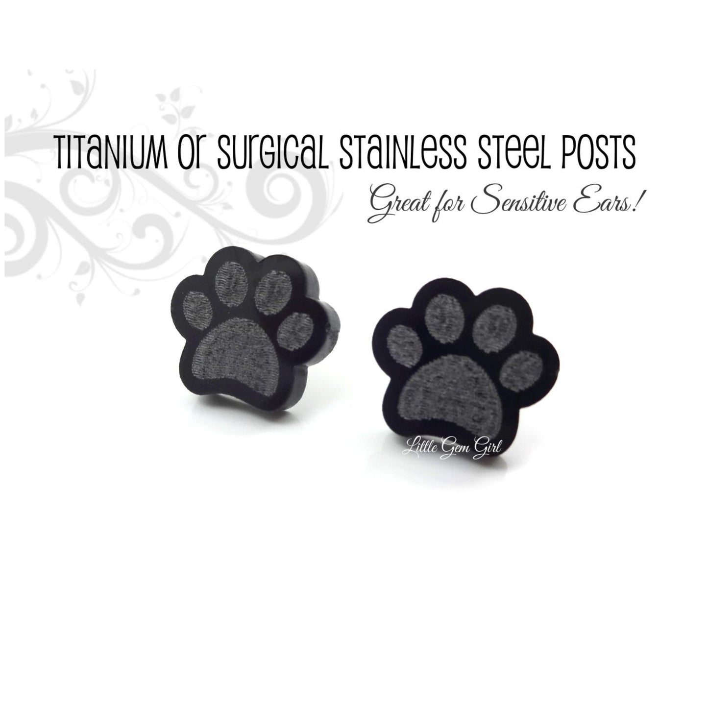 Paw Print Earrings Available with Titanium or Stainless Steel Post - Animals, Dog, Cat Black Pawprint Stud Earrings