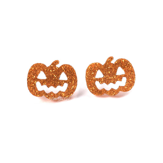 Orange Glitter Pumpkin Stud Earrings - Halloween Jack-o-Lantern Earrings Available with Titanium or Stainless Steel Post