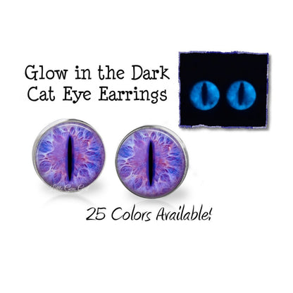 Glow in the Dark Cat Eye Earrings - Glowing Animal Eye Stainless Steel Hypoallergenic Studs - 25 Eye Colors Available