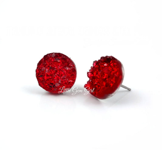 Ruby Red Crystal Faux Druzy Stud Earrings - Titanium or Stainless Steel Post for Sensitive Ears - The Wonderful Wizard of Oz Jewelry