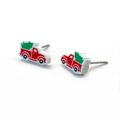 Vintage Farmhouse Christmas Truck Earrings – Red Truck & Tree Studs – Hypoallergenic Stainless Steel or Titanium Holiday Jewelry
