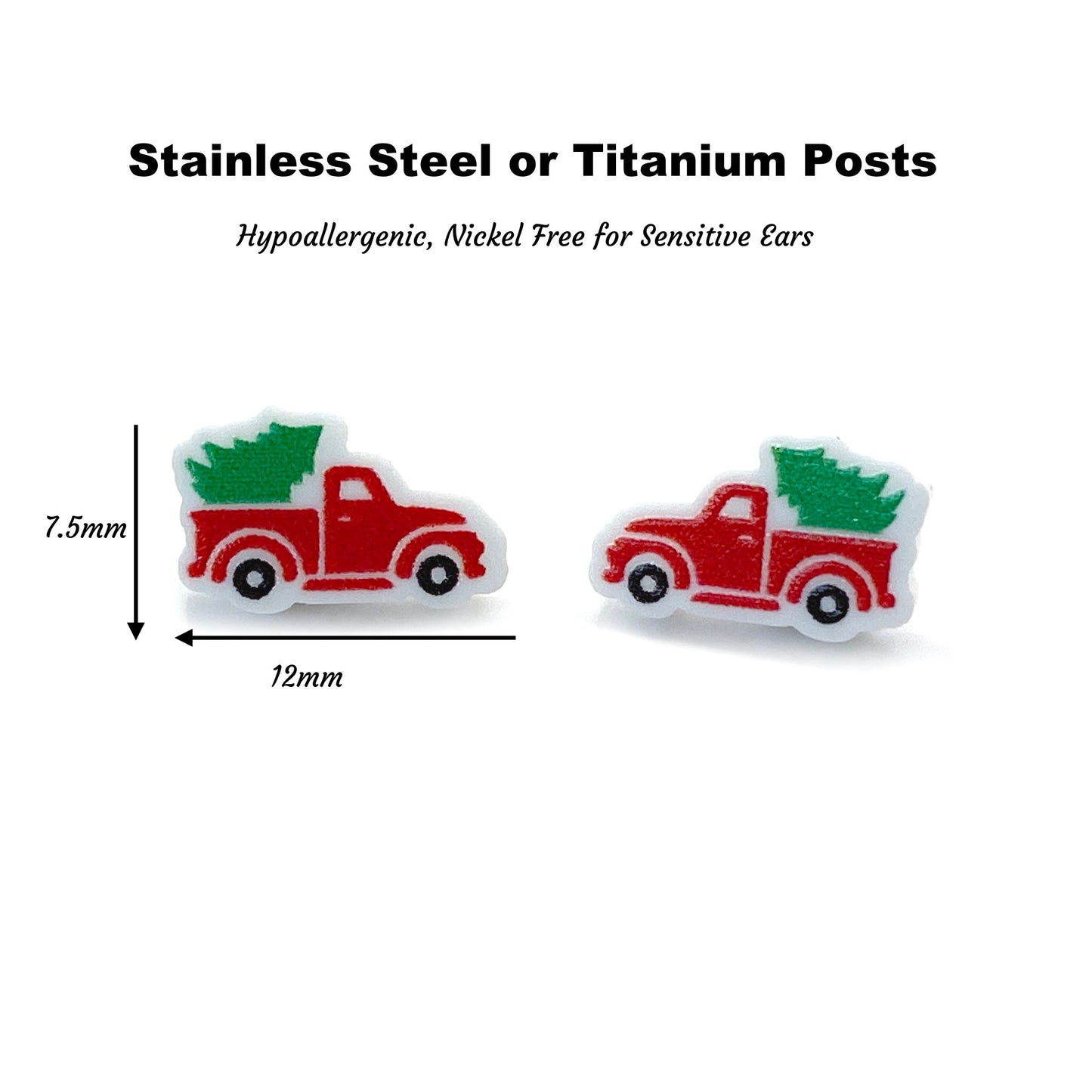 Vintage Farmhouse Christmas Truck Earrings – Red Truck & Tree Studs – Hypoallergenic Stainless Steel or Titanium Holiday Jewelry