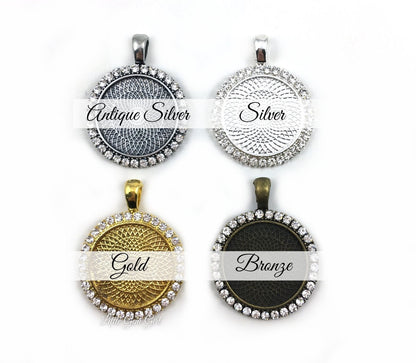 Custom Photo Rhinestone Lapel Pin Charms with Your Custom Text - 2 Charm Rhinestone Available in Four Colors - Wedding Boutonniere Photo Pendant