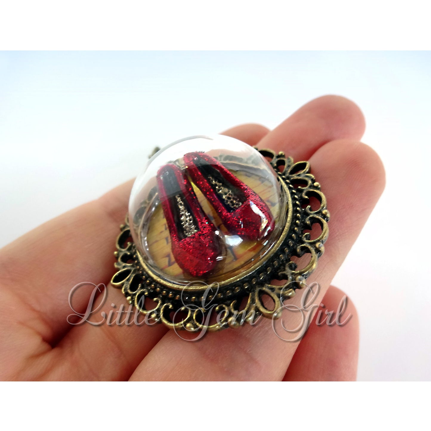 The Wonderful Wizard of Oz Necklace - Dorothy Ruby Red Slippers Pendant on the Yellow Brick Road Glass Dome Brass Pendant