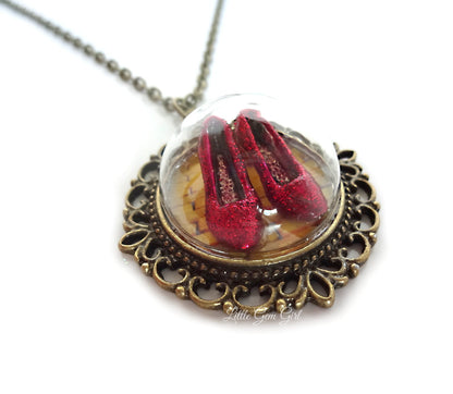 The Wonderful Wizard of Oz Necklace - Dorothy Ruby Red Slippers Pendant on the Yellow Brick Road Glass Dome Brass Pendant