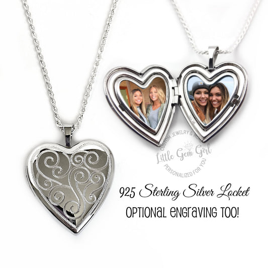 925 Sterling Silver Custom Photo Scrolled Heart Locket w/optional Engraving on Back