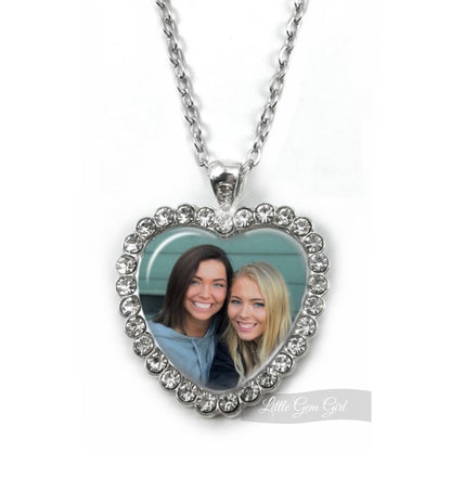 Rhinestone Heart Necklace with Your Custom Photo - Available in  Silver or Gold