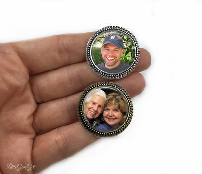 Custom Photo Brooch Pin Available in Silver and Bronze - Memorial Picture Boutonniere Bouquet Charm