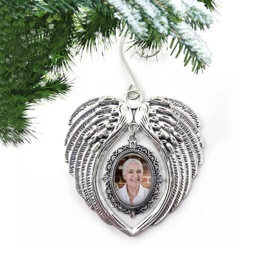 Memorial Christmas Tree Ornament with Custom Photo - Personalized In Memory Silver Angel Wings Holiday Decoration