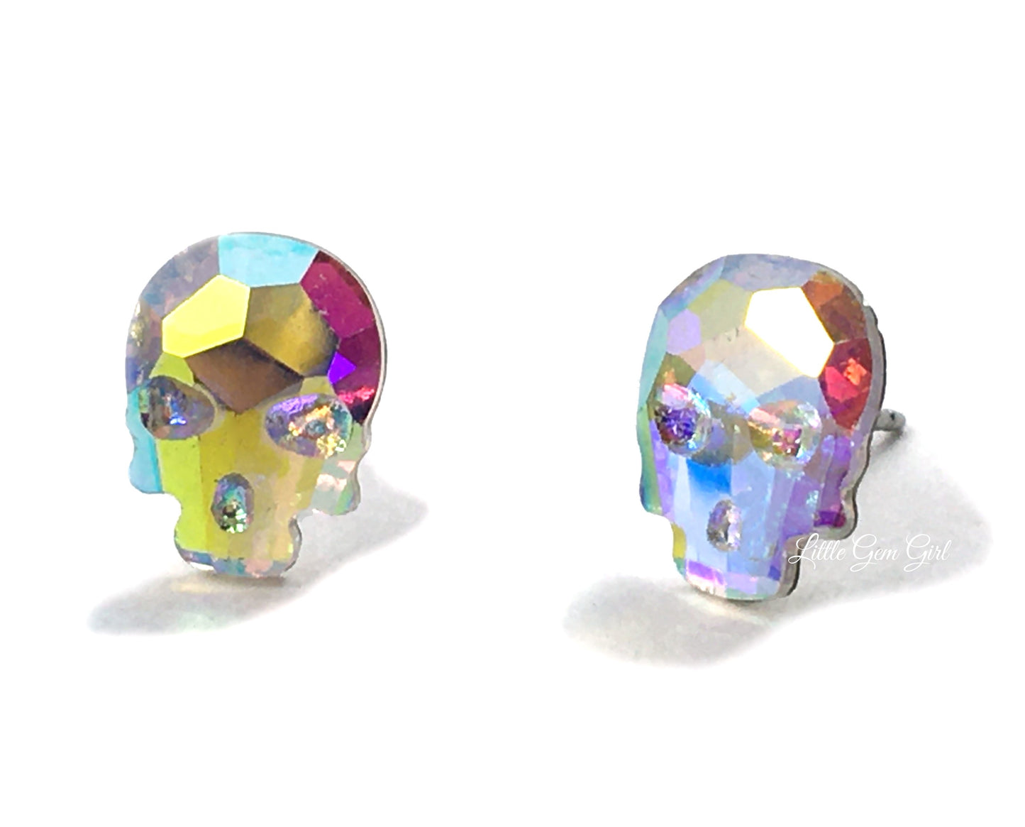 Rainbow AB Crystal Skull Stud Earrings - Resin Skeleton with Post Available in Titanium and Stainless Steel