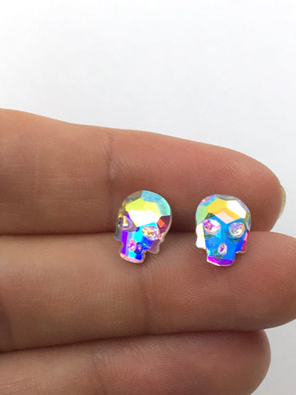 Rainbow AB Crystal Skull Stud Earrings - Resin Skeleton with Post Available in Titanium and Stainless Steel