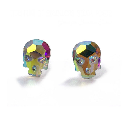 Rainbow AB Crystal Skull Stud Earrings - Resin Skeleton with Post Available in Titanium and Stainless Steel