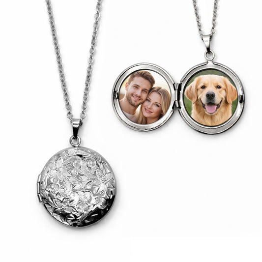 Stainless Steel Flower Locket Necklace – Custom Photo Locket with Engraving, Holds 1–2 Photos, Memorial Keepsake Gift