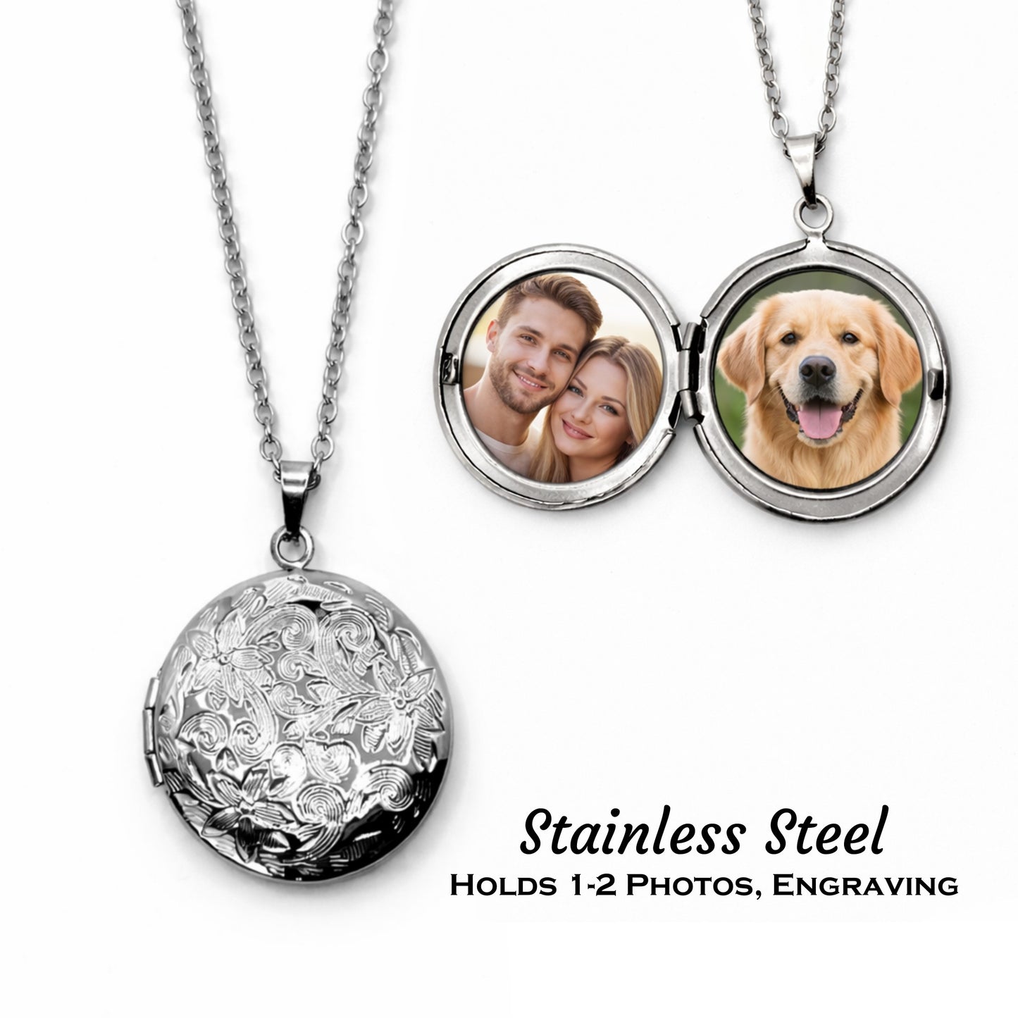 Stainless Steel Flower Locket Necklace – Custom Photo Locket with Engraving, Holds 1–2 Photos, Memorial Keepsake Gift