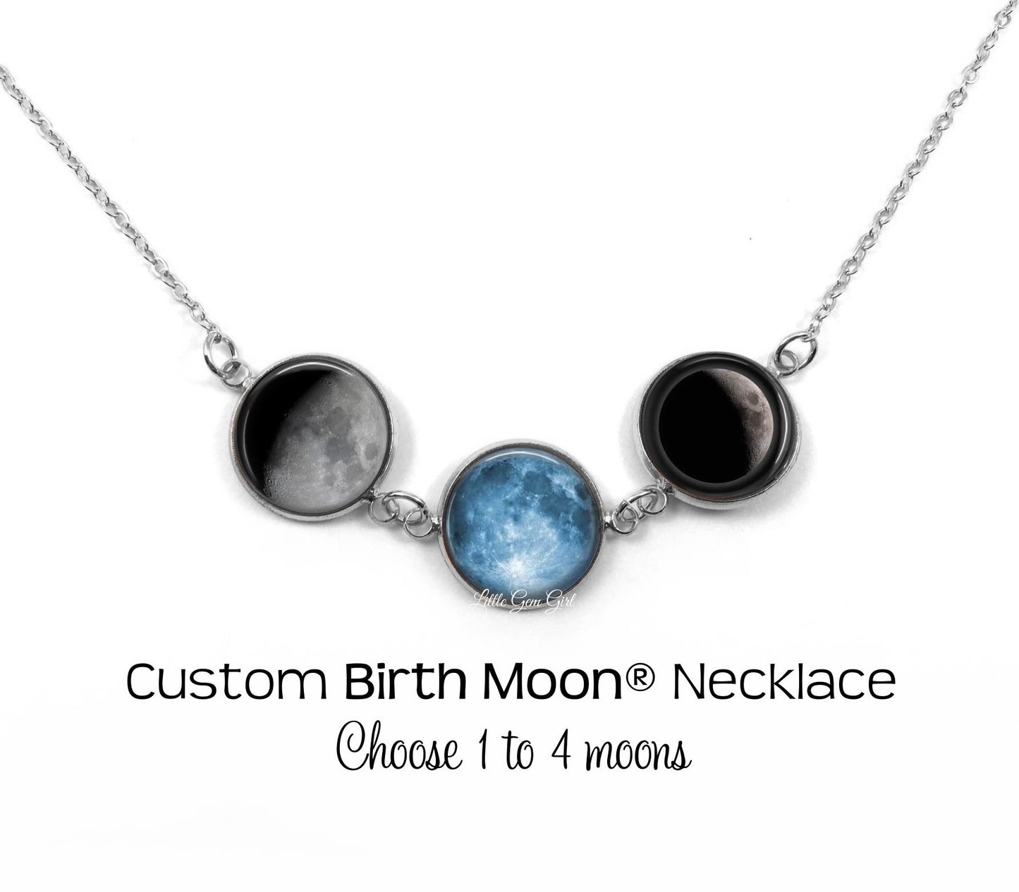 Glow in the Dark Custom Birth Moon Necklace with 1 to 4 Personalized Birthday Moon Charms - Silver Stainless Steel
