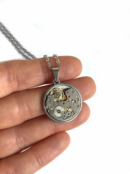 Steampunk Watch Movement Necklace - Genuine Vintage Watch Parts Pendant - Stainless Steel Jewelry Gift for Men and Women