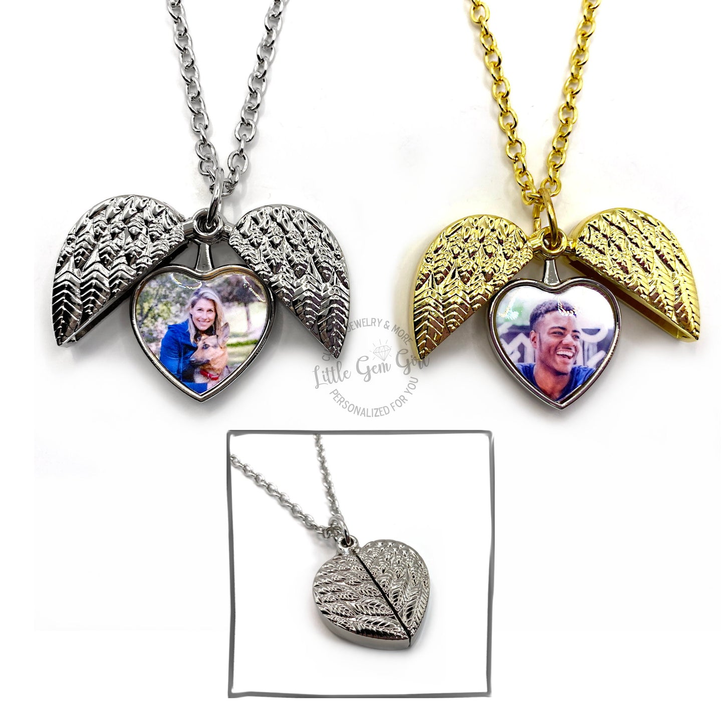 Angel Wing Custom Photo Heart Locket in Silver or Gold - Personalized Memorial Keepsake Jewelry for Loss of Loved One